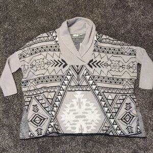 Cato Southwestern Aztec Shawl Collar Knit Sweater S/M Gray Black White